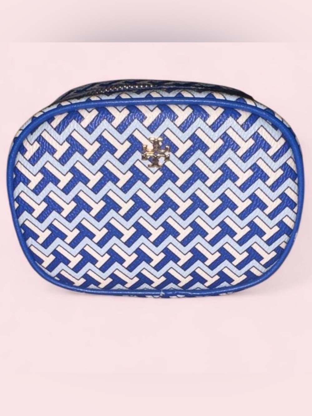 Tory Burch Blue and White Patterned Cosmetic Case with Logo